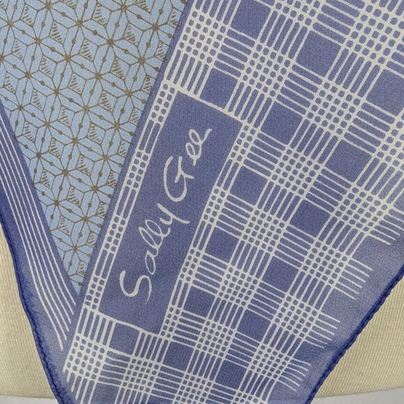 Sally Gee Rectangle Scarf Silk Blend Chiffon Blue Tan Plaid Striped Vintage 60" - Picture 2 of 4